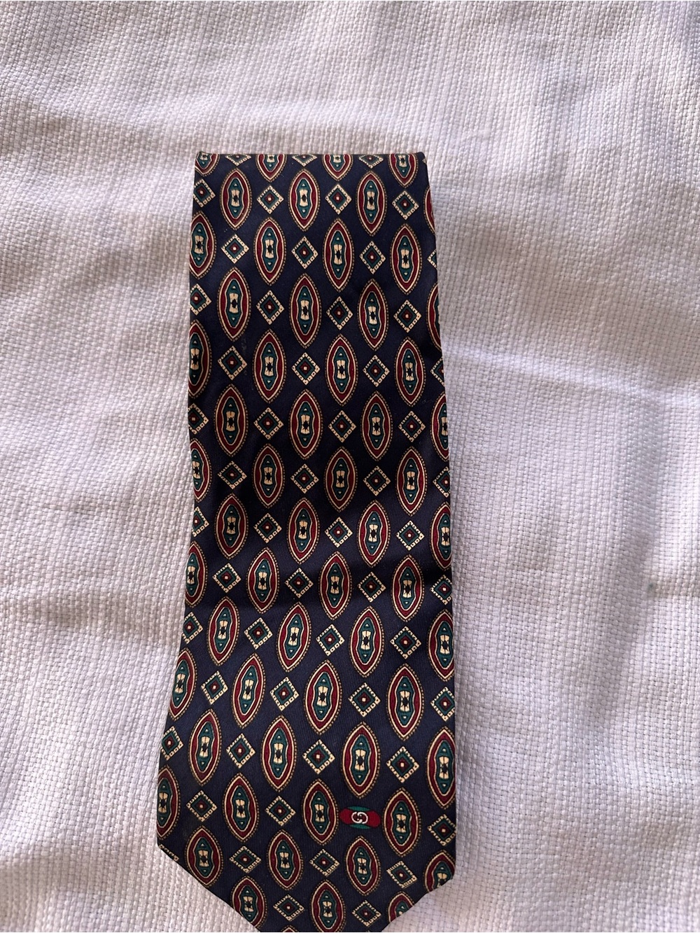 Gucci Navy Tie with Burgundy, Green and Gold Oval Pattern